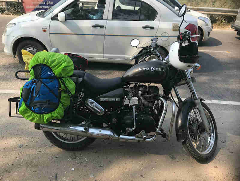 Adventure ready Royal Enfield Thunderbird 350 with our bags packed and new helmets