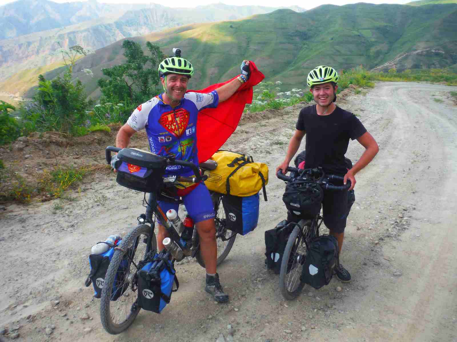 cycling superman and jo skeats at the Dushanbe end of the pamir highway