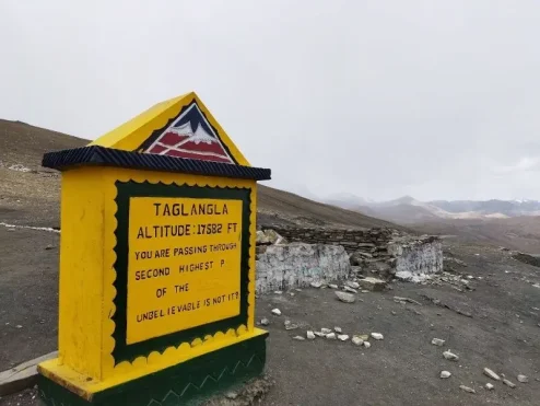 the BRo altitude sign at the summit of tanglang la in white out snow
